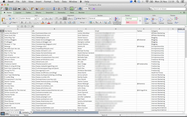 A spreadsheet of my contacts