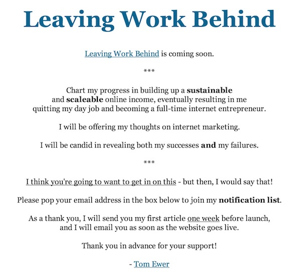 The Leaving Work Behind pre-launch splash page, circa mid-June 2011.